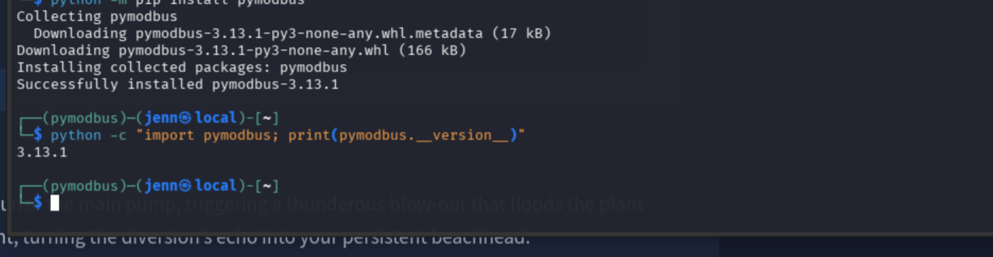 pymodbus version check confirming successful installation